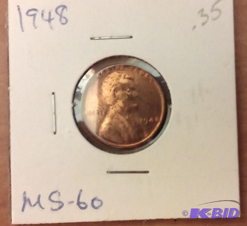 lot 203 image: 1948 Wheat Penny-graded MS-60...