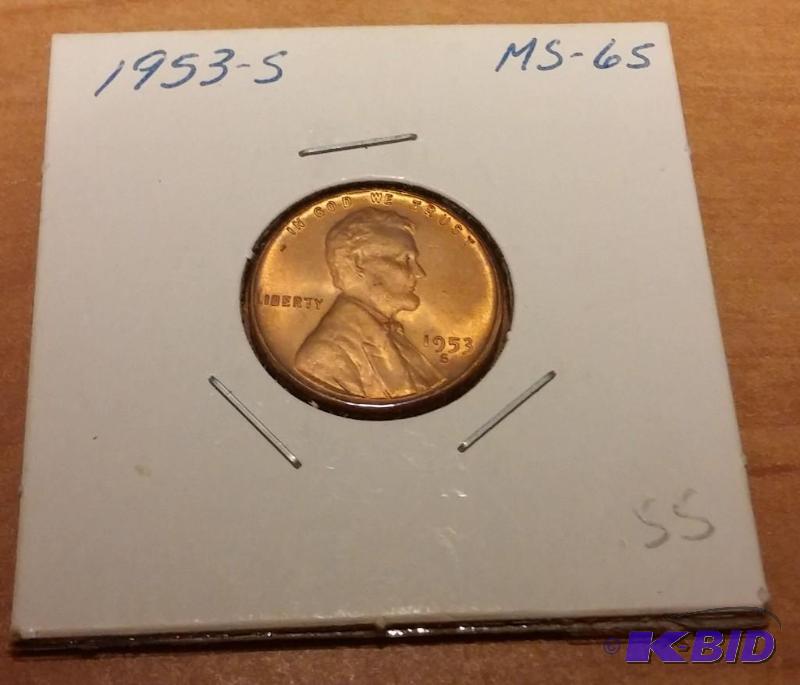 lot 207 image: 1953-S Wheat Penny-graded MS-65...