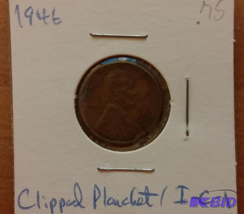 lot 216 image: 1946 Wheat Penny-Clipped planchet...