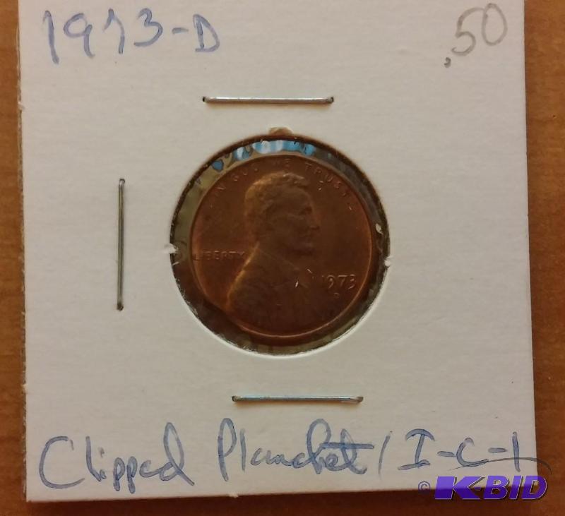 lot 220 image: 1973-D Lincoln Penny---Clipped planchet...
