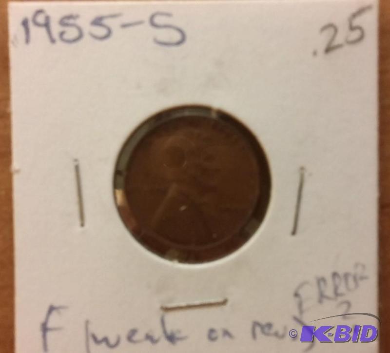 lot 222 image: 1955-S Wheat Penny error penny-weak reverse s...