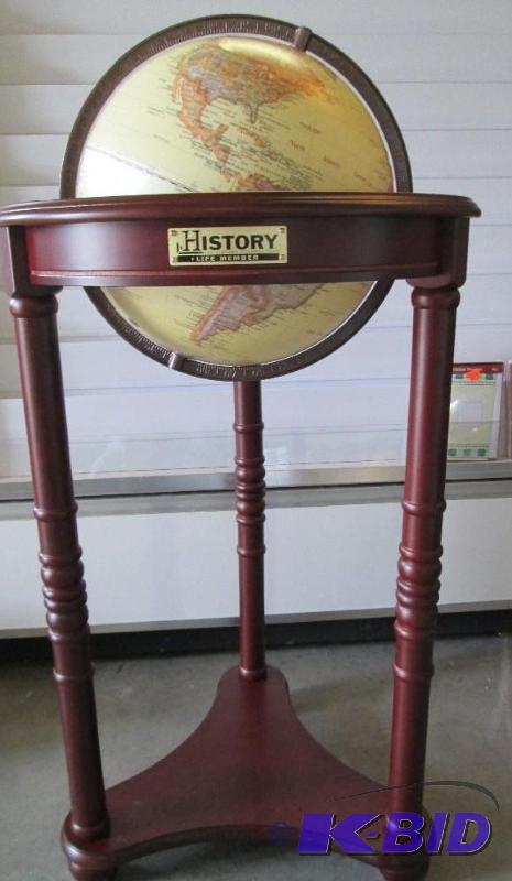 lot 1 image: New globe in a very nice cherry stand. Approx...