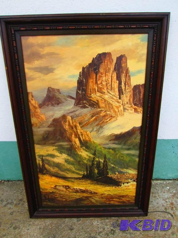 lot 118 image: 23 x 34 framed Pinnacle Valley Mountain prin...