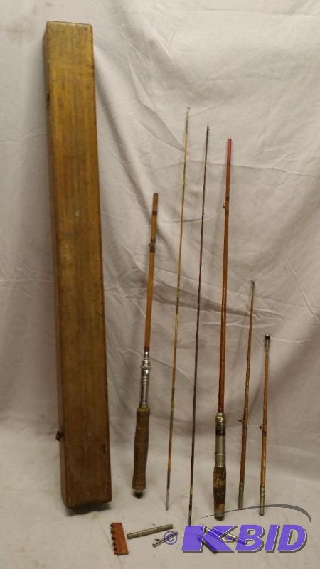 lot 61 image: Vintage fishing pole parts and case. Case mea...