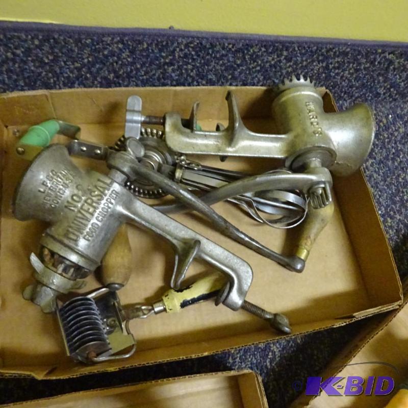 lot 105 image: 2 meat grinders. Vintage kitchen utensils...