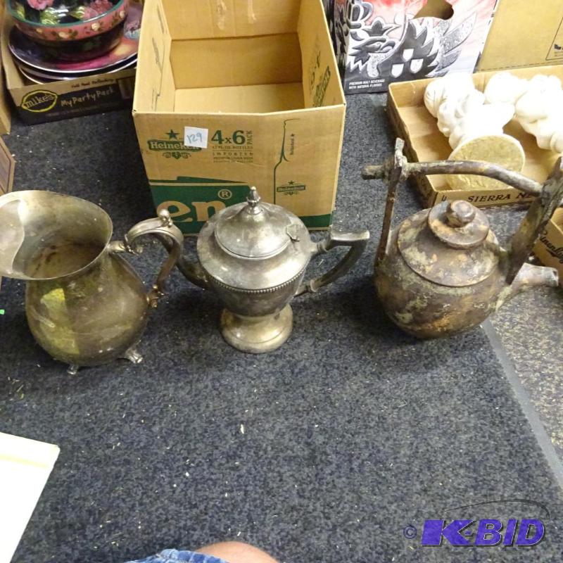 lot 129 image: 2 silverplate servers. Pottery tea pot....