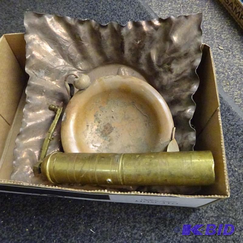 lot 144 image: 2 copper trays. 1 brass grinder...