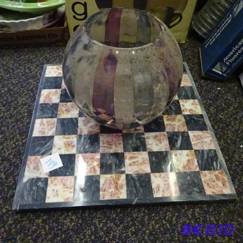 lot 149 image: Granite inlay chess board. Decorative glass b...