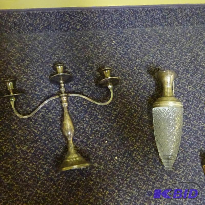 lot 71 image: Silver plate candle holder and decanter...