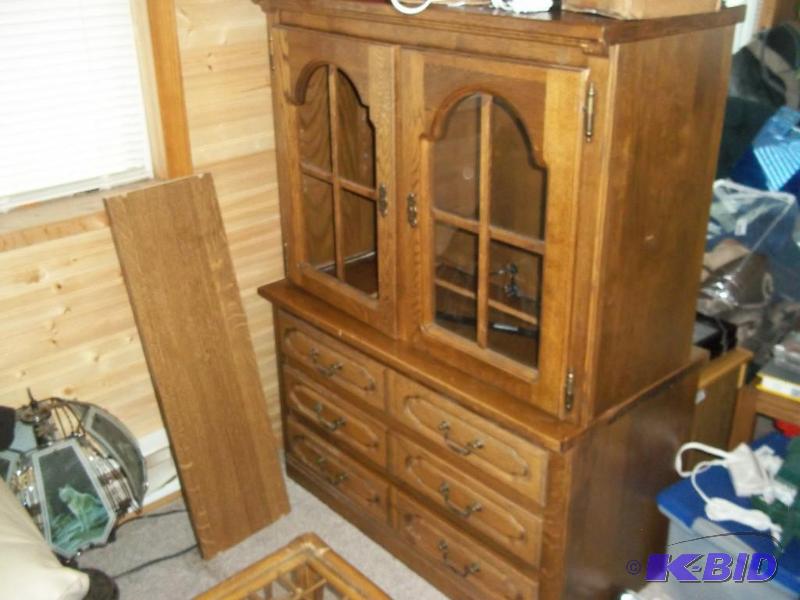 console cabinet with drawers and 2 cabinet doors (glass on one panel needs to be reset)