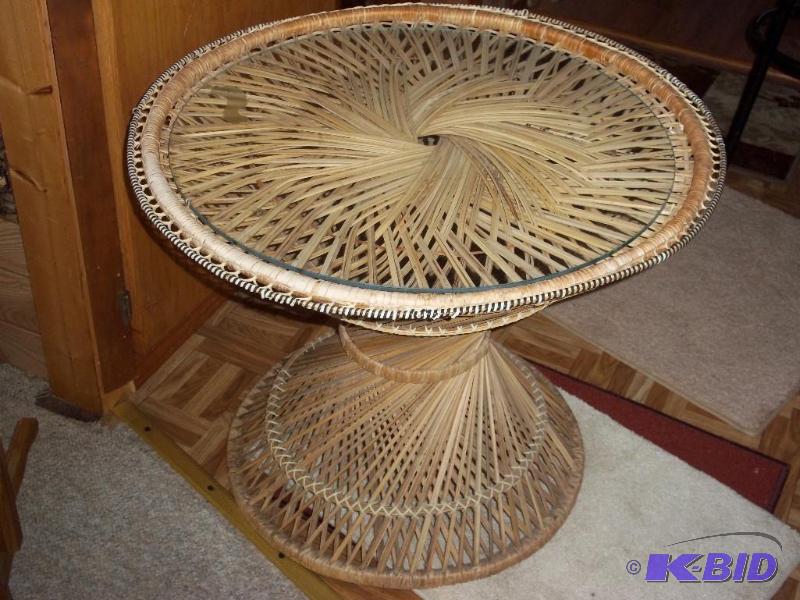 round wicker table with glass top