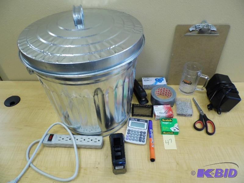Metal Garbage Can wOffice Supplies