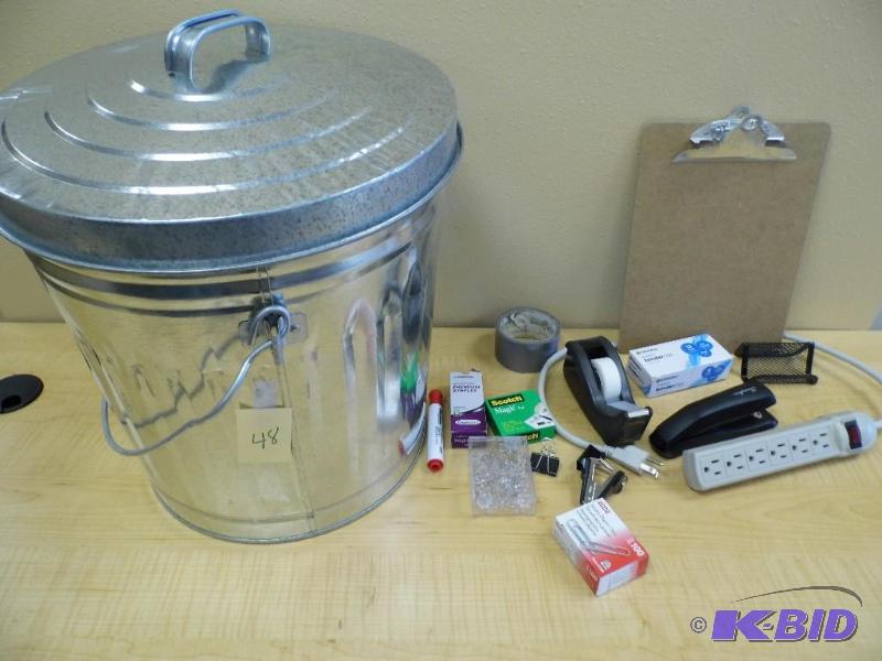 Metal Garbage Can wOffice Supplies