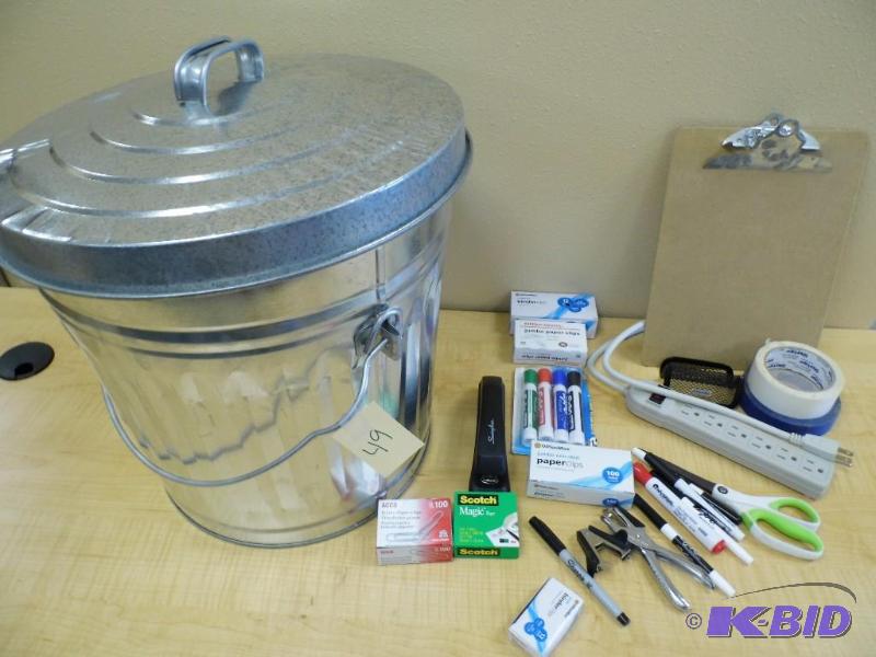 Metal Garbage Can wOffice Supplies