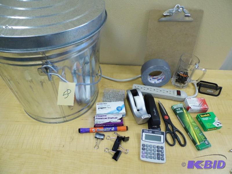 Metal Garbage Can wOffice Supplies