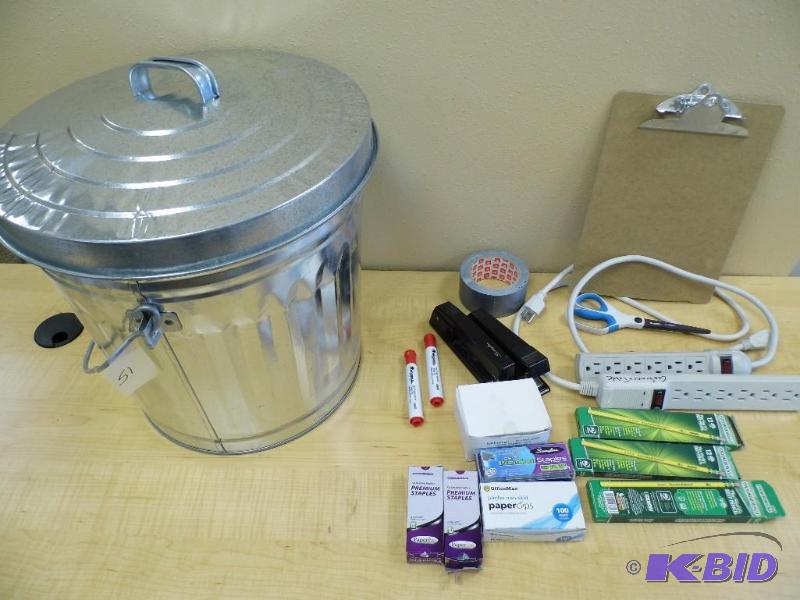 Metal Garbage Can wOffice Supplies