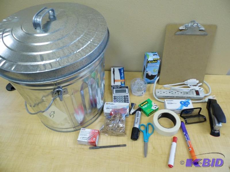 Metal Garbage Can wOffice Supplies
