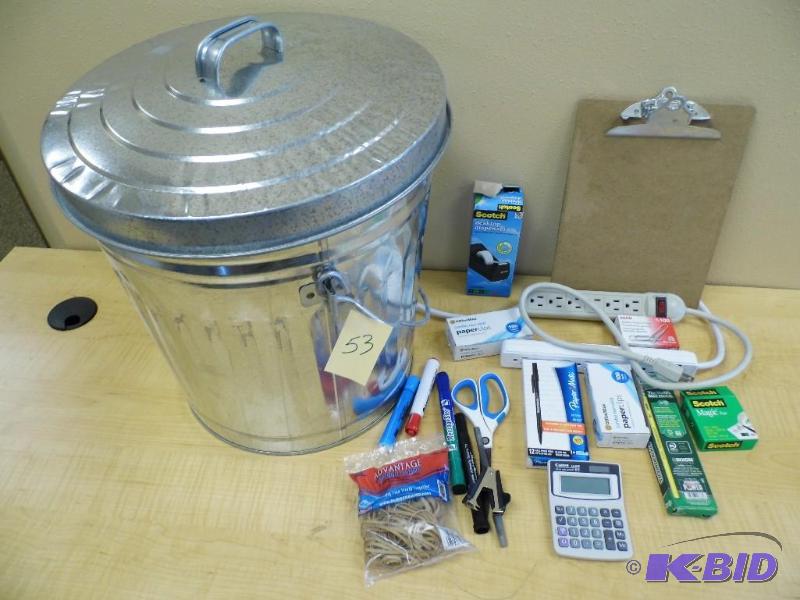 Metal Garbage Can wOffice Supplies