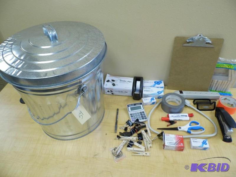 Metal Garbage Can wOffice Supplies