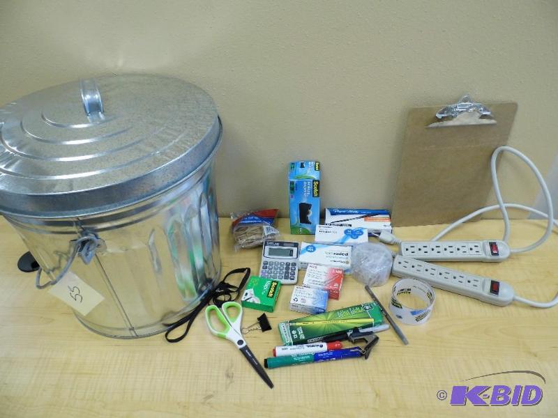Metal Garbage Can wOffice Supplies