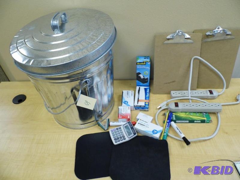 Metal Garbage Can wOffice Supplies