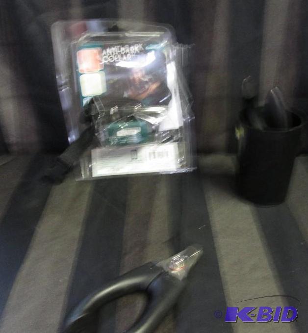 anti bark collar, toenail clippers and cup...