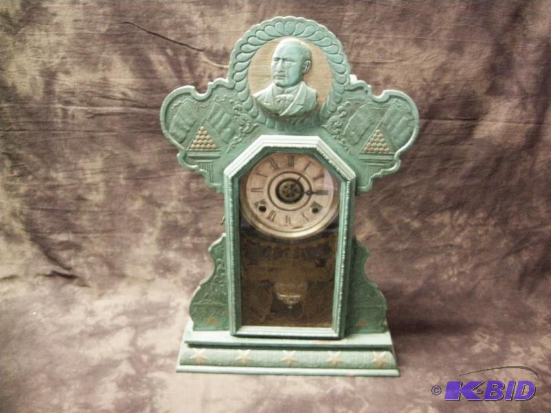 lot 103 image: Ingraham Patriotic McKinley clock, circa 1900