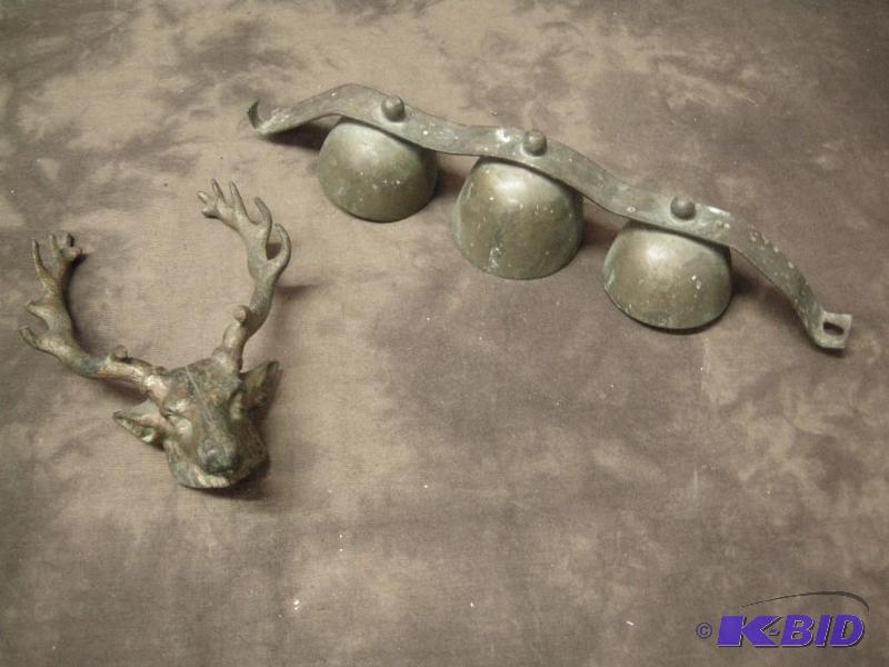 lot 108 image: Antique brass bells and stag head