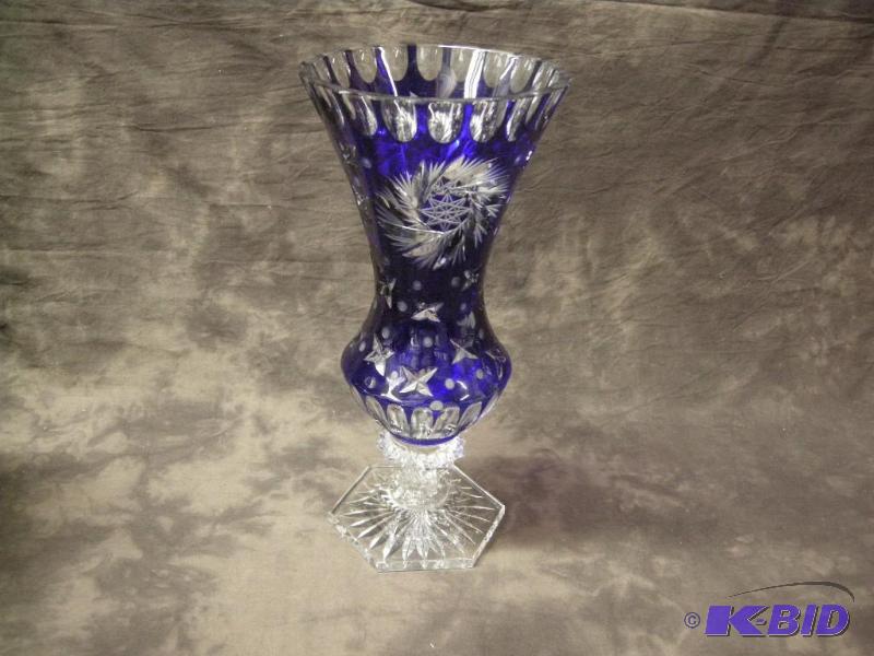 lot 128 image: Blue cut-to-clear tall vase