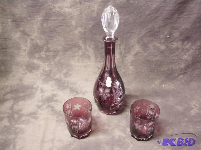 lot 272 image: Imperlux West Germany red cut-to-clear decanter with stopper and 2 glasses