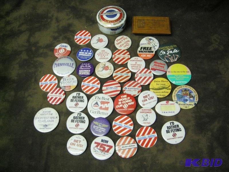 lot 311 image: Group vintage airlines buttons, commemorative plaque, and covered dish