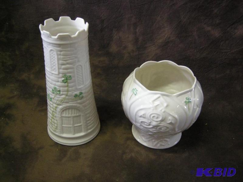 lot 318 image: Belleek Ireland 150 year tower and a 2005 pot