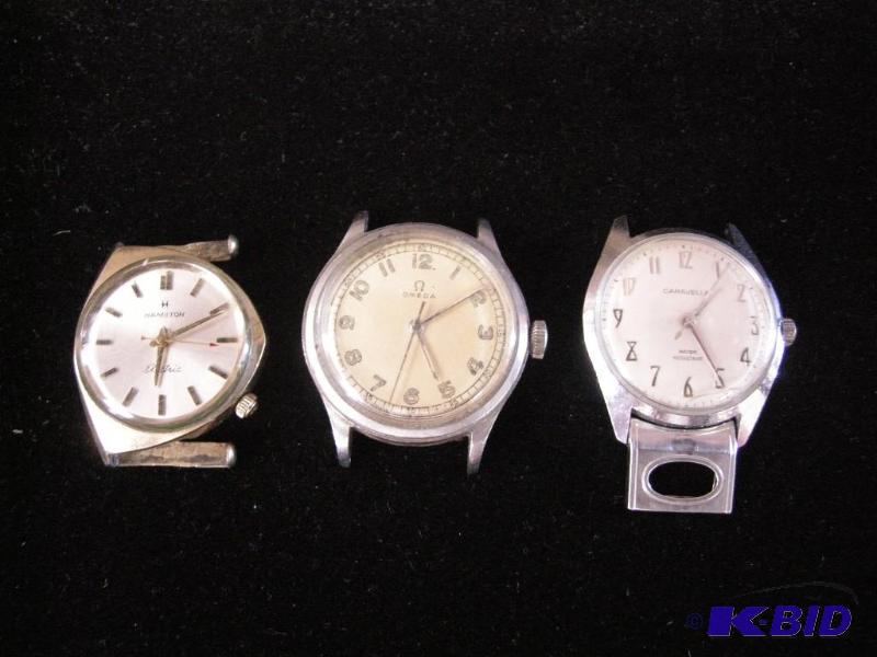 lot 329 image: 3 vintage mens watches - no bands- including Omega, Hamilton, Caravelle