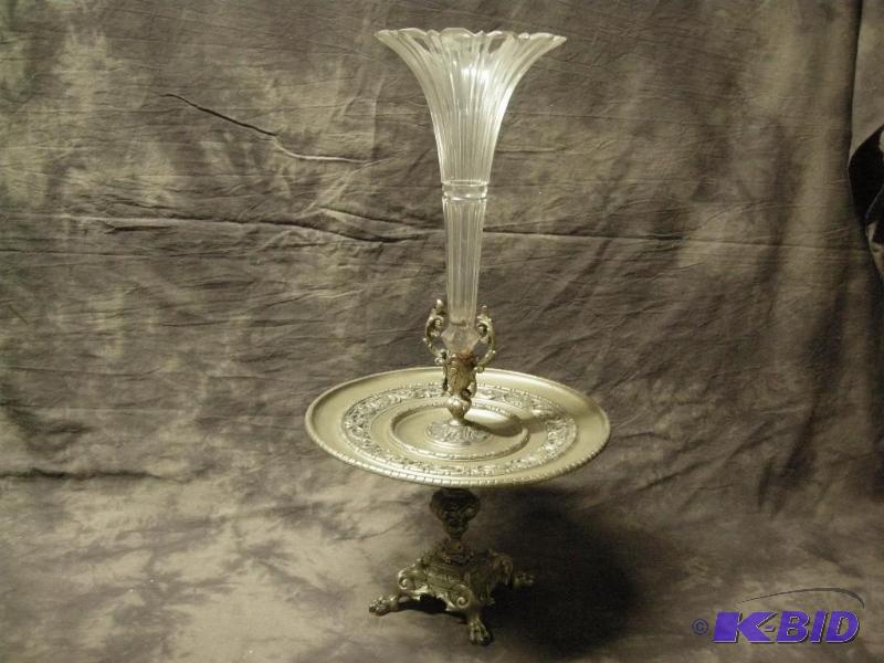 lot 34 image: Victorian Antique brassbronze and glass footed vase centerpiece