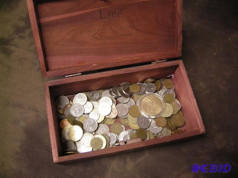 lot 353 image: Lane cedar box with foreign coins and a few game tokens