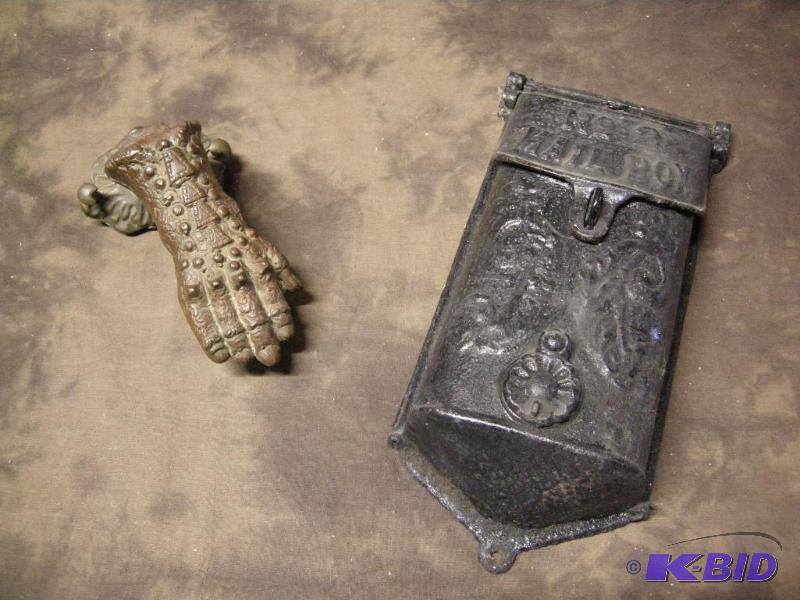 lot 380 image: Victorian heavy cast door knocker with hardware and cast iron standard No.2 mailbox