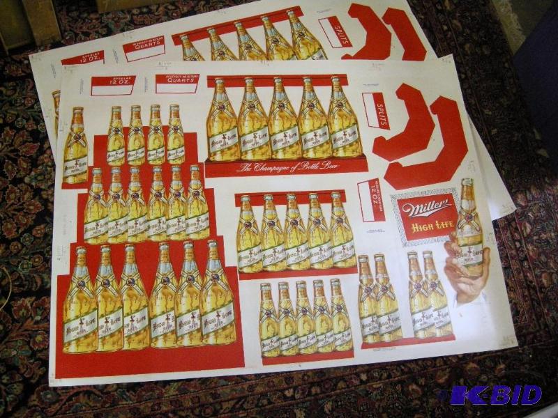 lot 405 image: 2 great vintage 1952 Miller Highlife uncut sheet advertiserstore display