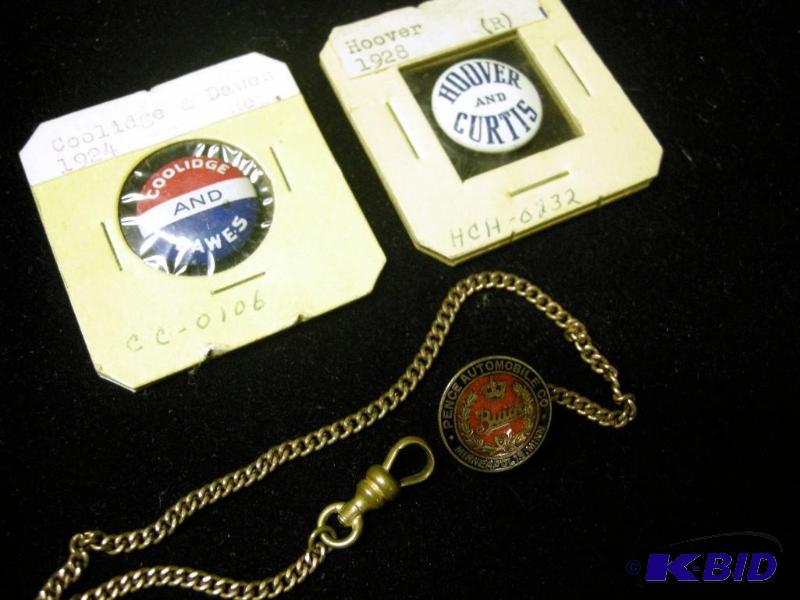 lot 443 image: Political buttons 1920s and Buick fob