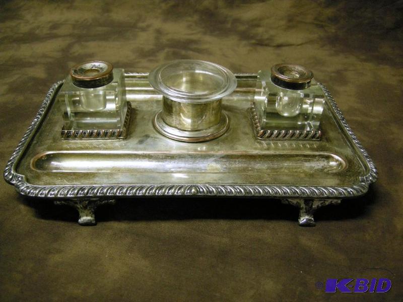 lot 47 image: Antique footed ink well tray set