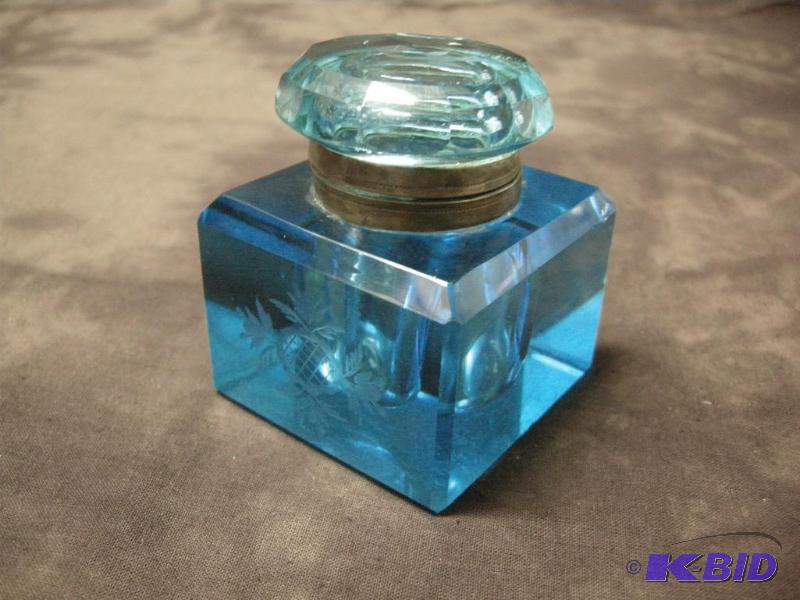 lot 50 image: Antique blue cutfacetedetched ink well