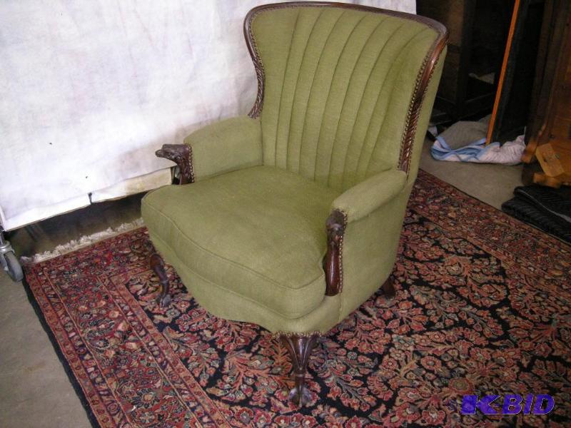 lot 539 image: Antique carved wood and upholstered arm chair