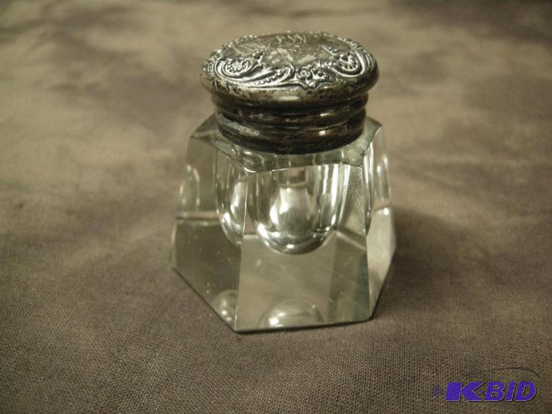 lot 54 image: Antique sterling and glass small ink well