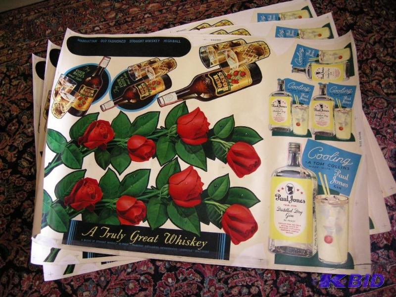 lot 629 image: 3 Vintage Four Roses A Truly Great Whiskey and Paul Jones Gin uncut advertiser sheets