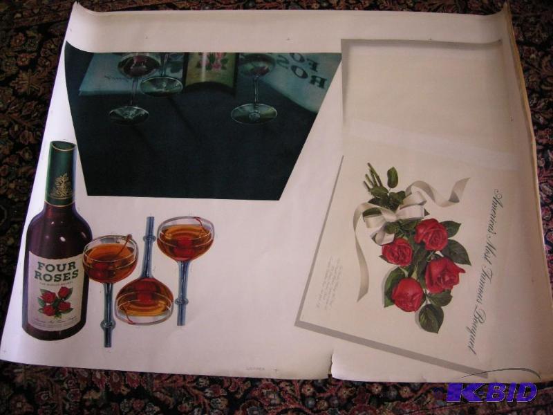 lot 633 image: 2 vintage Four Roses whiskey uncut advertiser sheetsstore display sheet