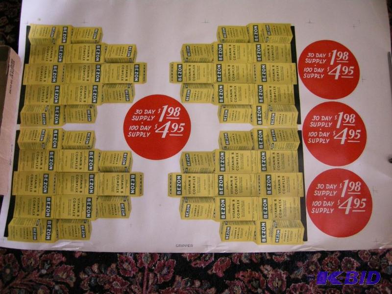 lot 634 image: Vintage Bezon Vitamin B Complex uncut advertiser sheet