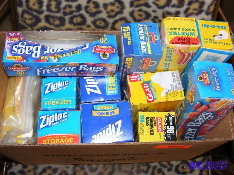 lot 111 image: Box of Baggies, trash bags and wax paper...