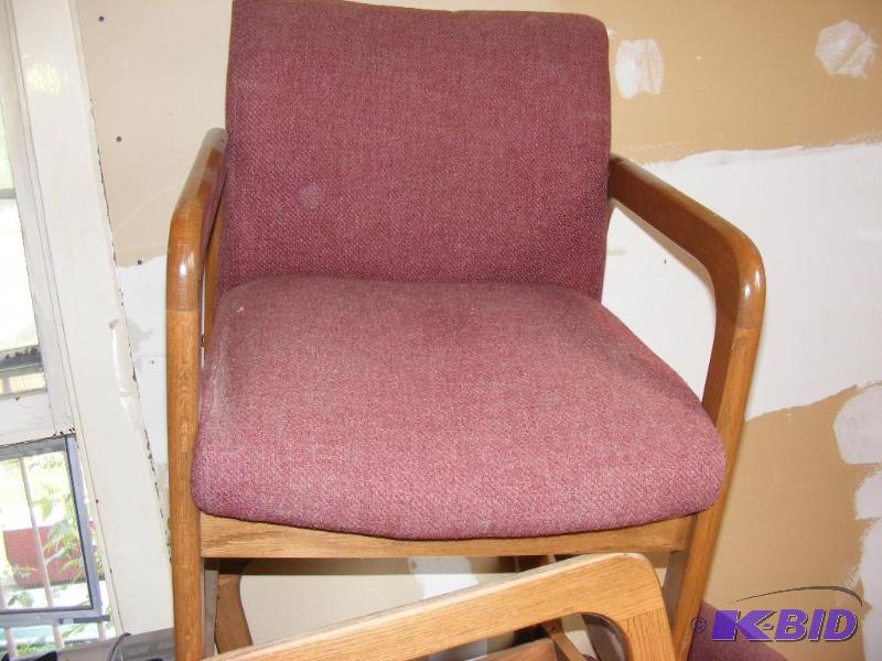 lot 113 image: Three chairs, wood frame with maroon colored ...
