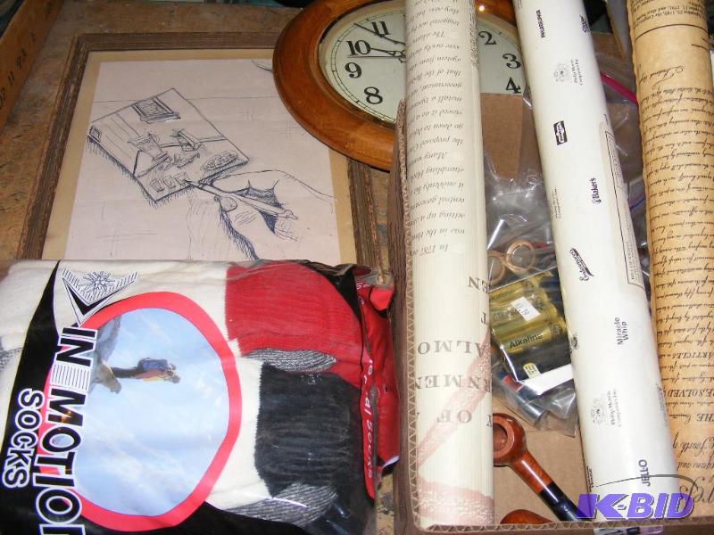 lot 137 image: clock, socks, two pipes, framed drawing and o...