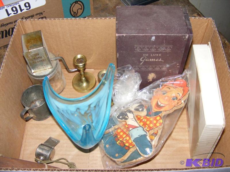 lot 21 image: Variety Box of Vintage items, glass dish, whi...