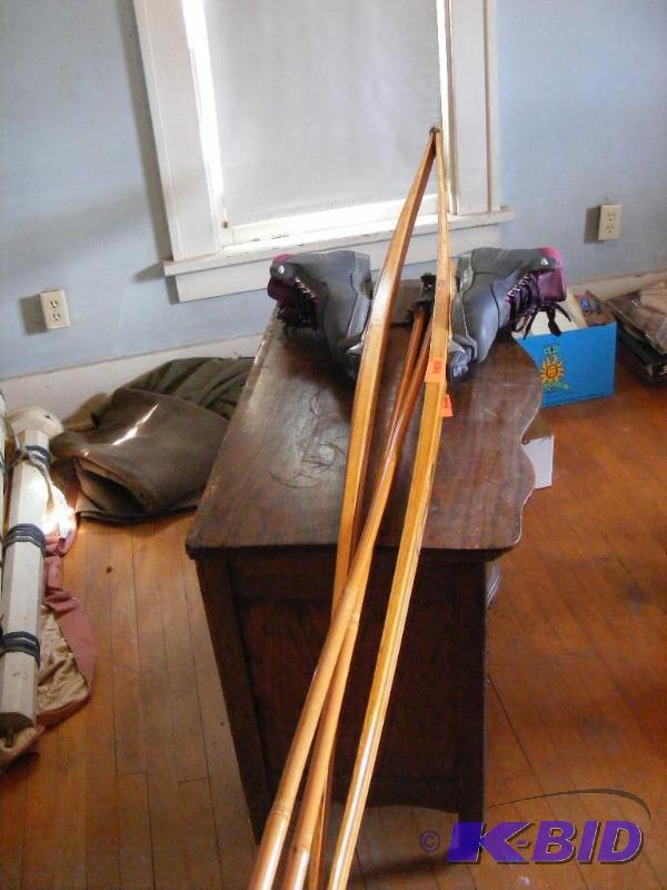 lot 245 image: Wooden Skis with boots and poles...